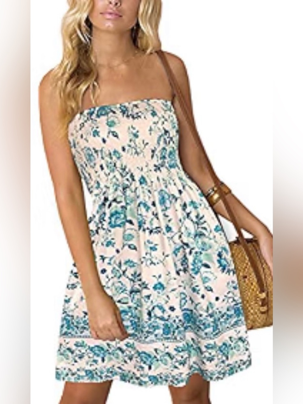 CHICGAL Boho Strapless Floral Sundress Smocked Coverup Medium